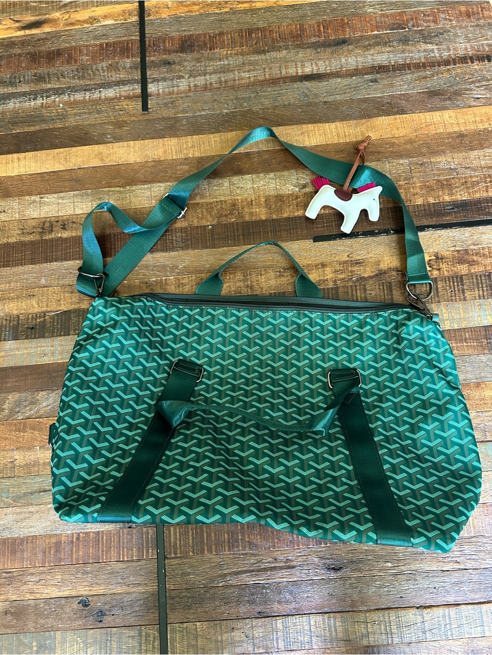 Green Check Patterned Travel/weekend Duffel Bag with Horse Charm